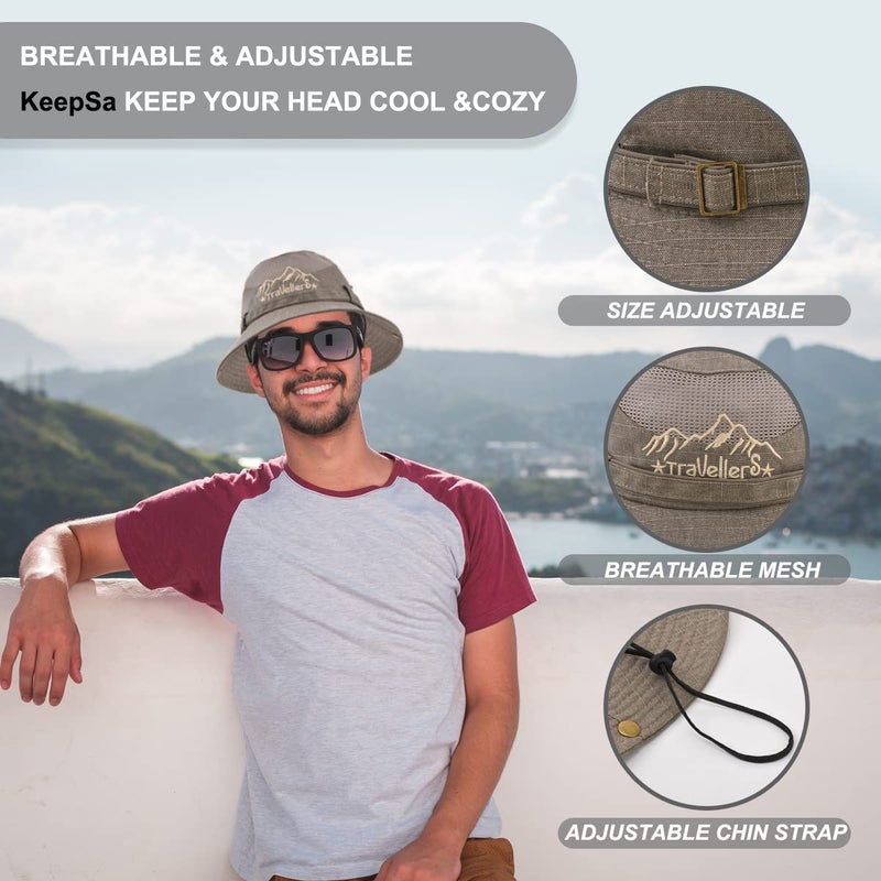 KeepSa Sun Hat for Men, Cotton Embroidery Summer Outdoor Sun Protection Wide Brim Bucket Hat Foldable Safari Boonie Hat Khaki - Image 2